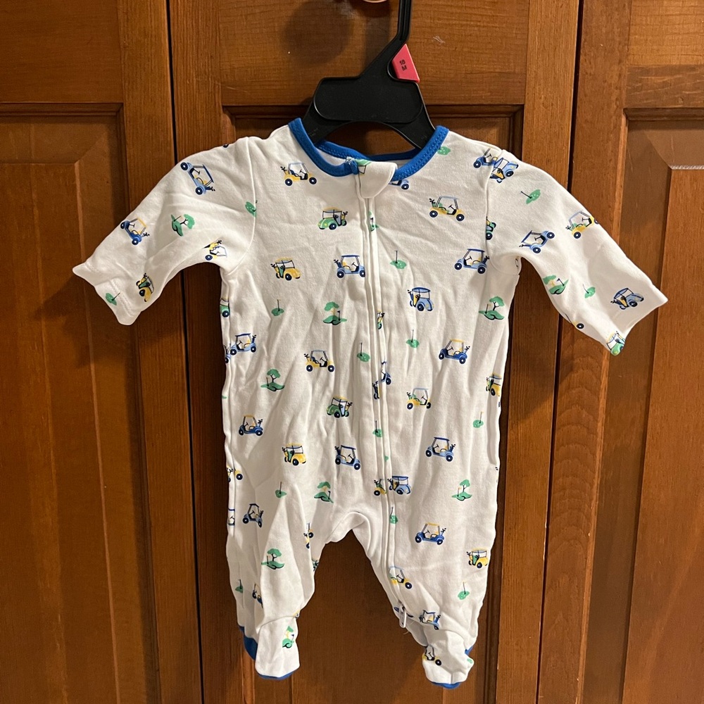 Little Me White and Blue Footie with Golf Cart Print